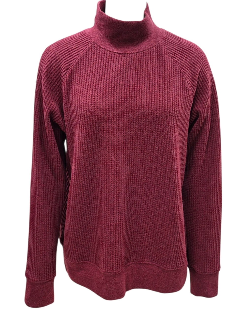 Lands End waffle knit top women's medium 10-12 burgundy mock neck raglan sleeve